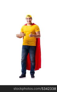 Super hero delivery guy isolated on white