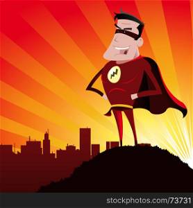 Super Hero - Male. Illustration of a cartoon super hero standing proudly on the outskirts of the city over which he watches and the sun beams behind