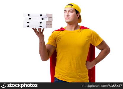 Super hero pizza delivery guy isolated on white