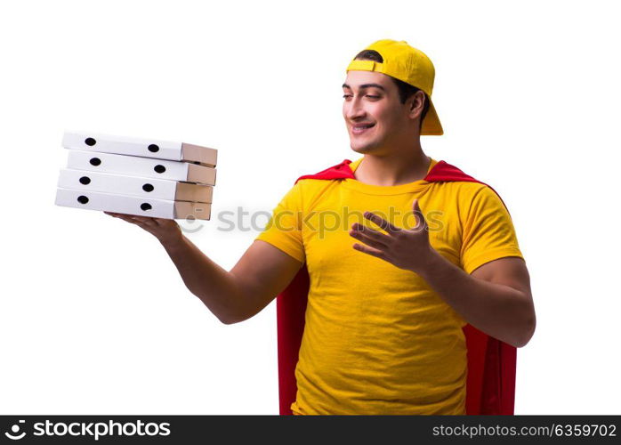 Super hero pizza delivery guy isolated on white