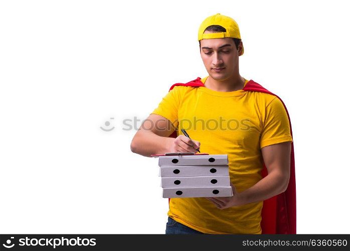 Super hero pizza delivery guy isolated on white