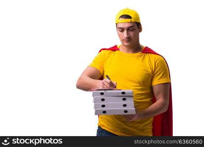 Super hero pizza delivery guy isolated on white