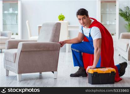Super hero repairman working at home