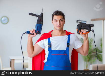 Super hero repairman working at home