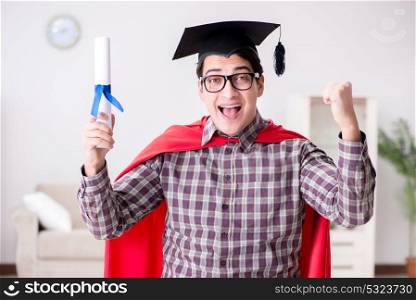 Super hero student graduating wearing mortar board cap