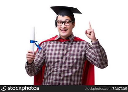 Super hero student graduating wearing mortar board cap isolated . Super hero student graduating wearing mortar board cap isolated on white