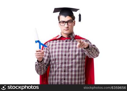 Super hero student graduating wearing mortar board cap isolated . Super hero student graduating wearing mortar board cap isolated on white