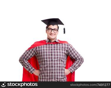 Super hero student graduating wearing mortar board cap isolated on white. Super hero student graduating wearing mortar board cap isolated