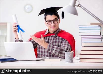 Super hero student wearing a mortarboard studying