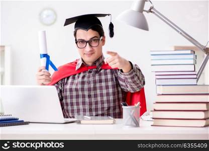Super hero student wearing a mortarboard studying