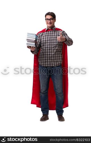 Super hero student with books isolated on white