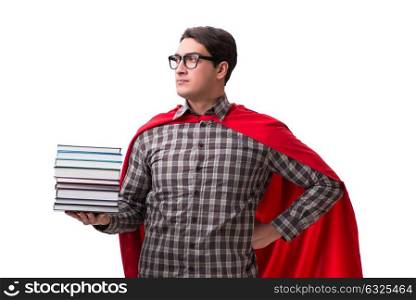 Super hero student with books isolated on white
