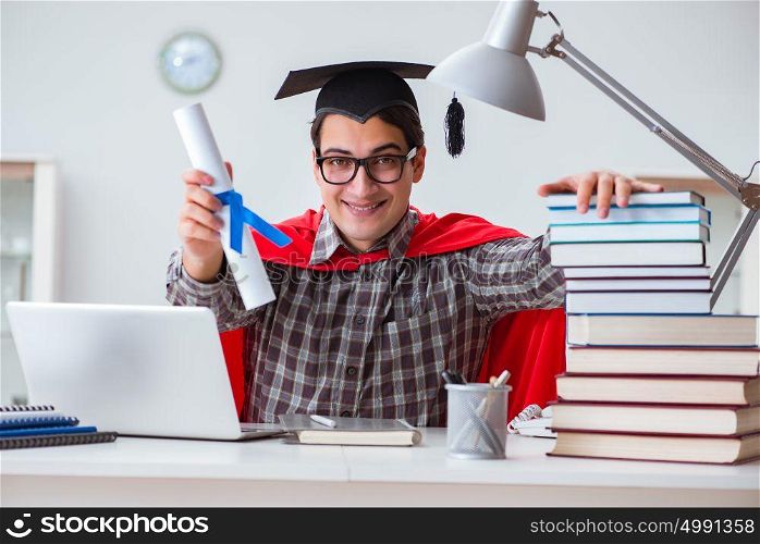Super hero student with books studying for exams