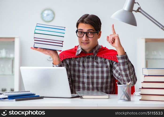 Super hero student with books studying for exams