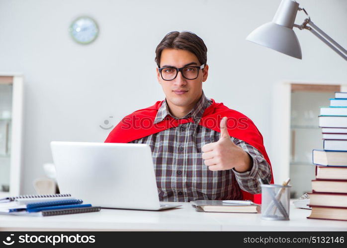 Super hero student with books studying for exams