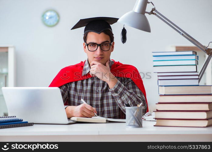 Super hero student with books studying for exams