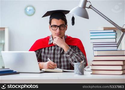 Super hero student with books studying for exams
