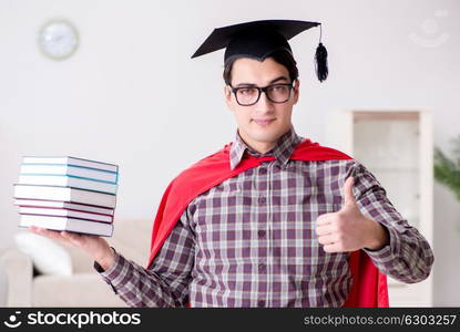 Super hero student with books studying for exams