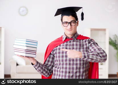 Super hero student with books studying for exams