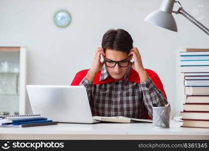 Super hero student with books studying for exams