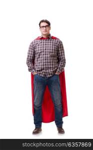 Super hero wearing red cloak on white