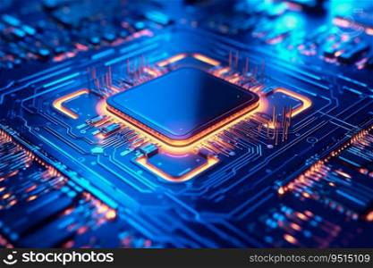 Super modern processor on blue motherboard, generative ai