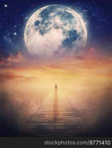 Super moon approaches the Earth, surreal scene and a lone man on the pier watching the fabulous cosmic phenomenon. Mysterious space wonder, fantastic adventure concept. Beautiful twilight scenery