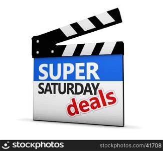 Super saturday Christmas shopping sale concept with sign and word on a movie clapper board on white background.