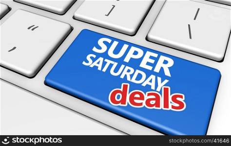Super saturday online shopping sale and deals concept with sign and text on a computer button keyboard.