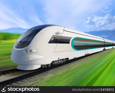 super streamlined train with motion blur moves on countryside