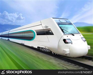 super streamlined train with motion blur moves on countryside