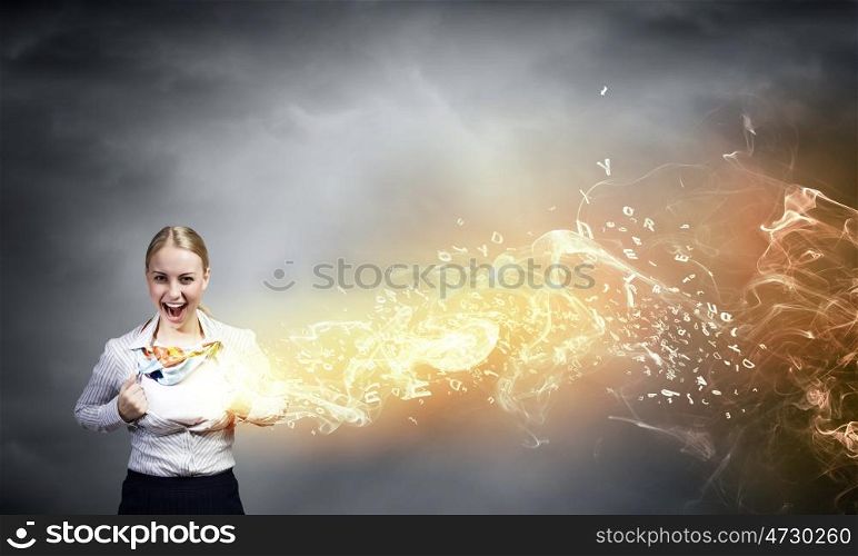 Super woman. Young woman tearing shirt on chest. Creativity concept