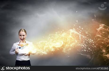 Super woman. Young woman tearing shirt on chest. Creativity concept