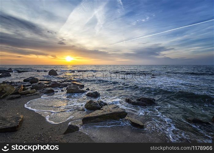 Superb sea landscape with colorful sunset or sunrise. Horizontal view