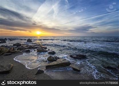 Superb sea landscape with colorful sunset or sunrise. Horizontal view