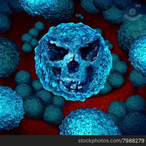 Superbug danger concept as a killer bacteria shaped as a death skull face as a symbol for MRSA medical healthcare risk and antimicrobial resistance health hazard icon as a bacterium infection inside the human body.