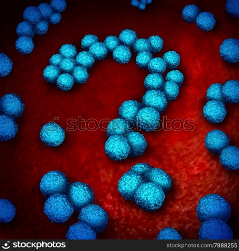 Superbug infection questions as multidrug resistant bacteria or MRSA medical healthcare concept and antimicrobial resistance health risk symbol as a three dimensional illustration of bacterium infection inside shaped as a question mark.