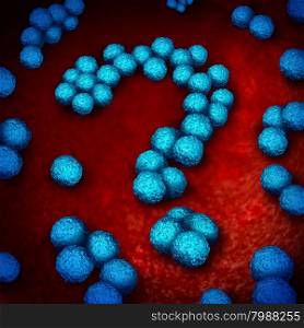 Superbug infection questions as multidrug resistant bacteria or MRSA medical healthcare concept and antimicrobial resistance health risk symbol as a three dimensional illustration of bacterium infection inside shaped as a question mark.