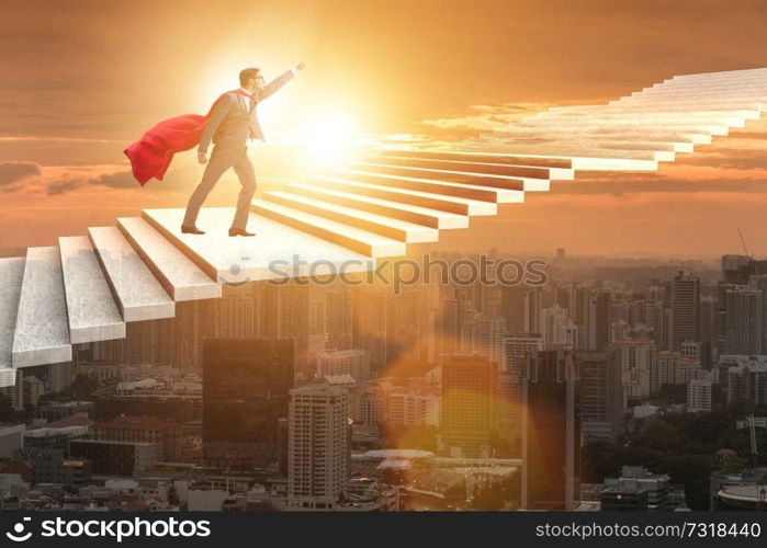 Superhero businessman climbing career ladder