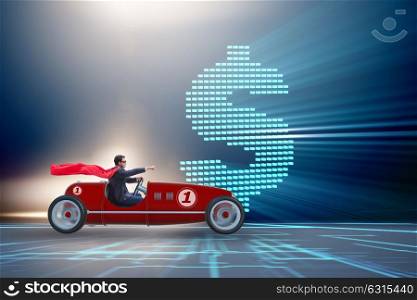 Superhero businessman driving vintage roadster