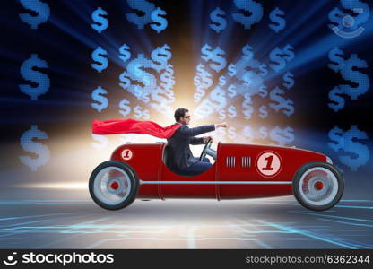 Superhero businessman driving vintage roadster