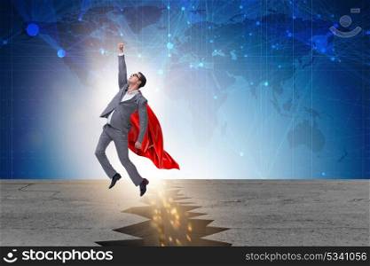Superhero businessman escaping from difficult situation