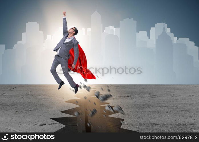 Superhero businessman escaping from difficult situation