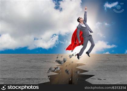 Superhero businessman escaping from difficult situation. The superhero businessman escaping from difficult situation