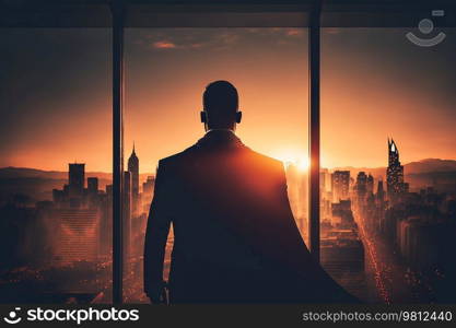 Superhero businessman looking at city skyline at sunset. Illustration Generative AI