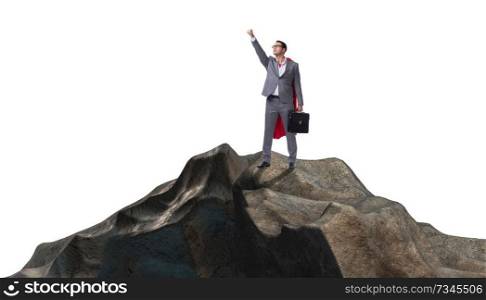 Superhero businessman on top of mountain