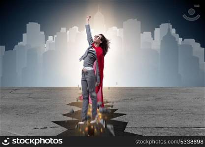 Superhero businesswoman escaping from difficult situation