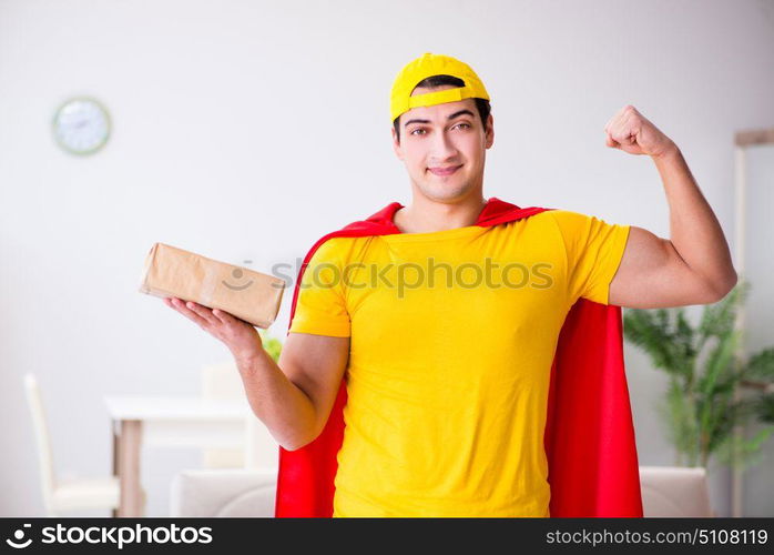 Superhero delivery guy with box