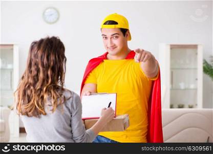 Superhero delivery guy with box