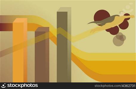 Superhero flying near a bar graph